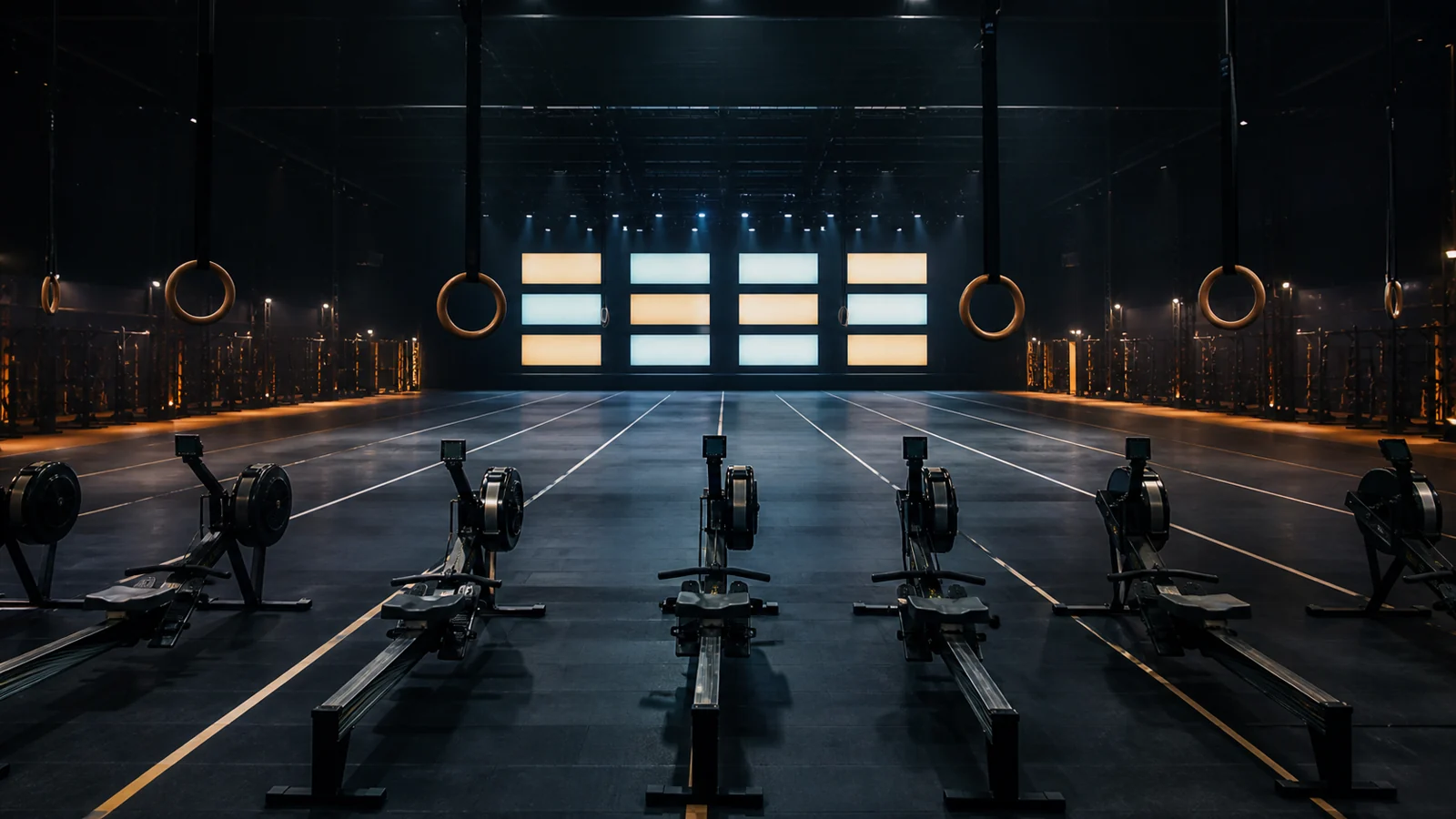 Illustrative generic functional-fitness arena with rowing machines, rings, lane markers, and abstract blank light panels.