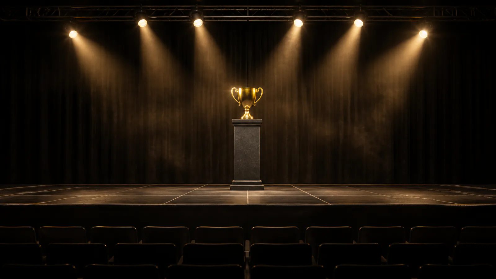 Empty competition stage with a trophy under warm spotlights
