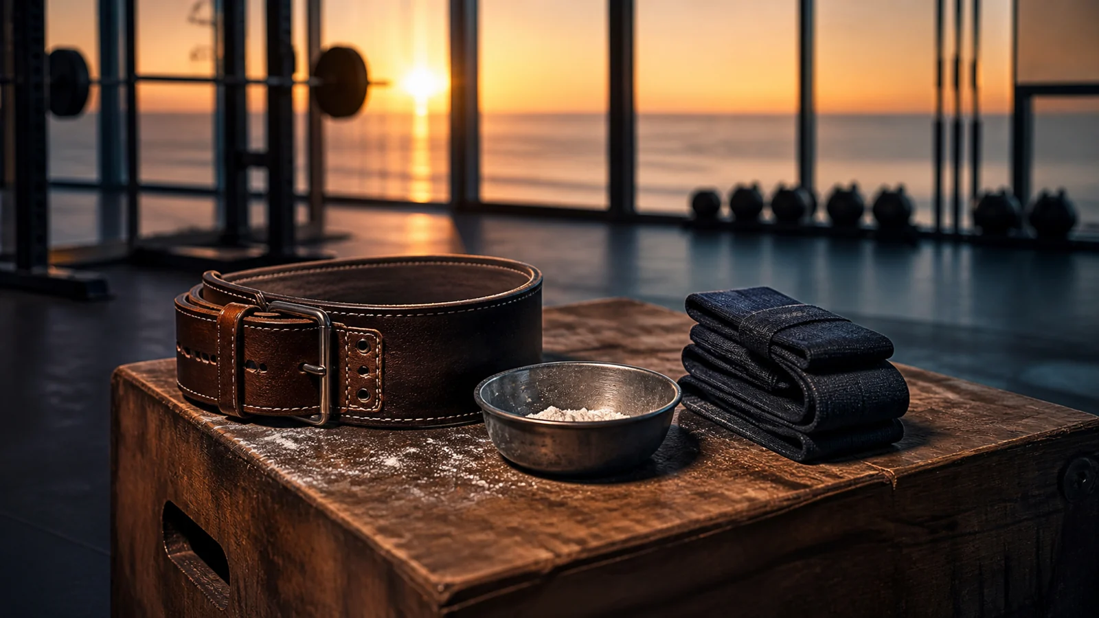 Illustrative generic gym still life with an unbranded lifting belt, chalk bowl, and wrist wraps at dawn.