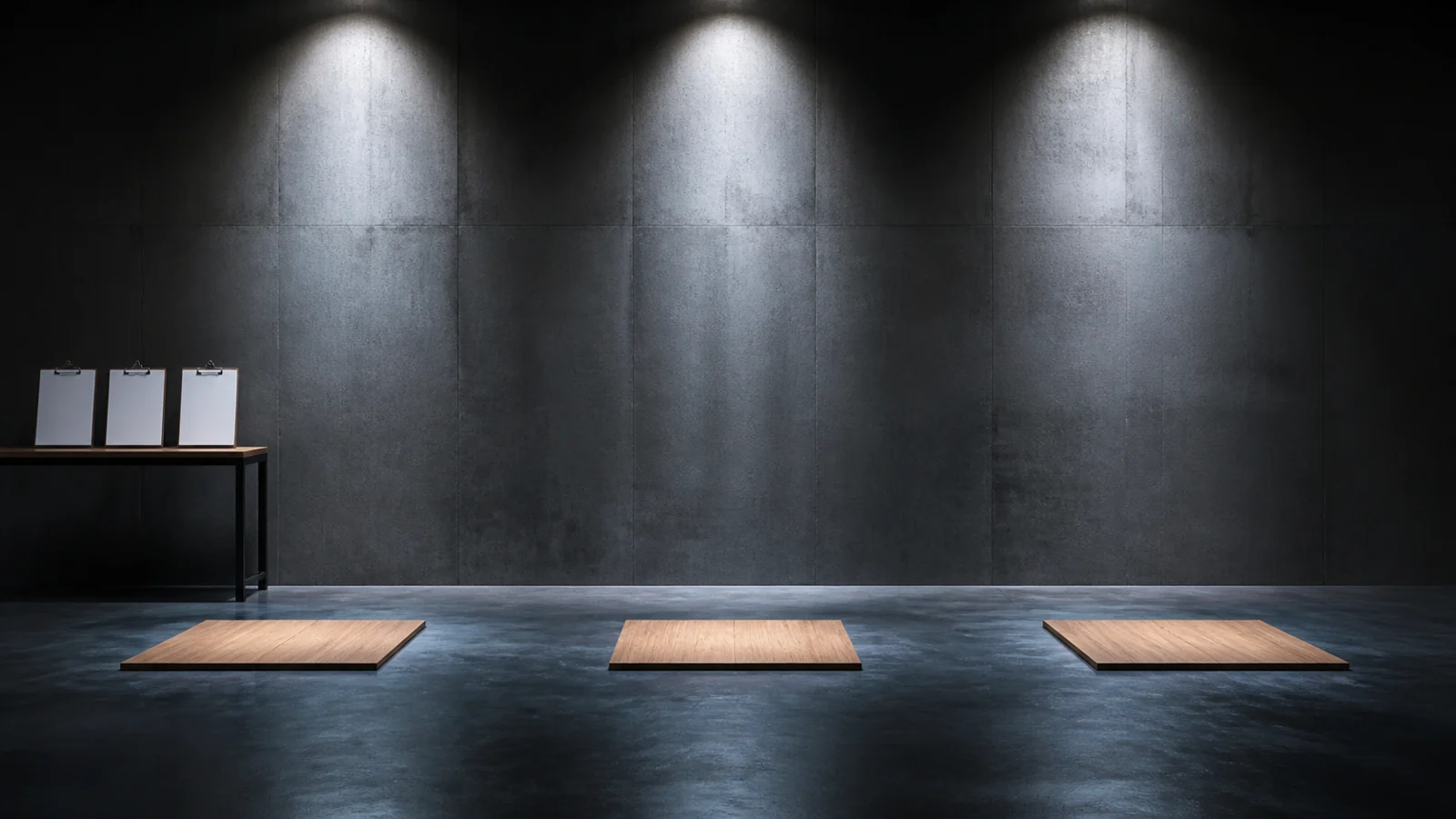 Illustrative generic judging studio with three floor markers and blank clipboards under overhead lights.