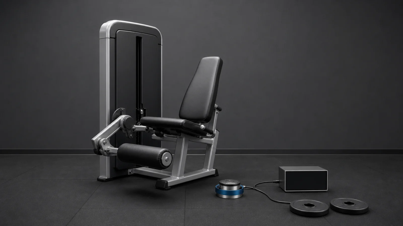 Human-performance laboratory with an unbranded leg-extension machine, force sensor, blank acquisition box, and weight plates.