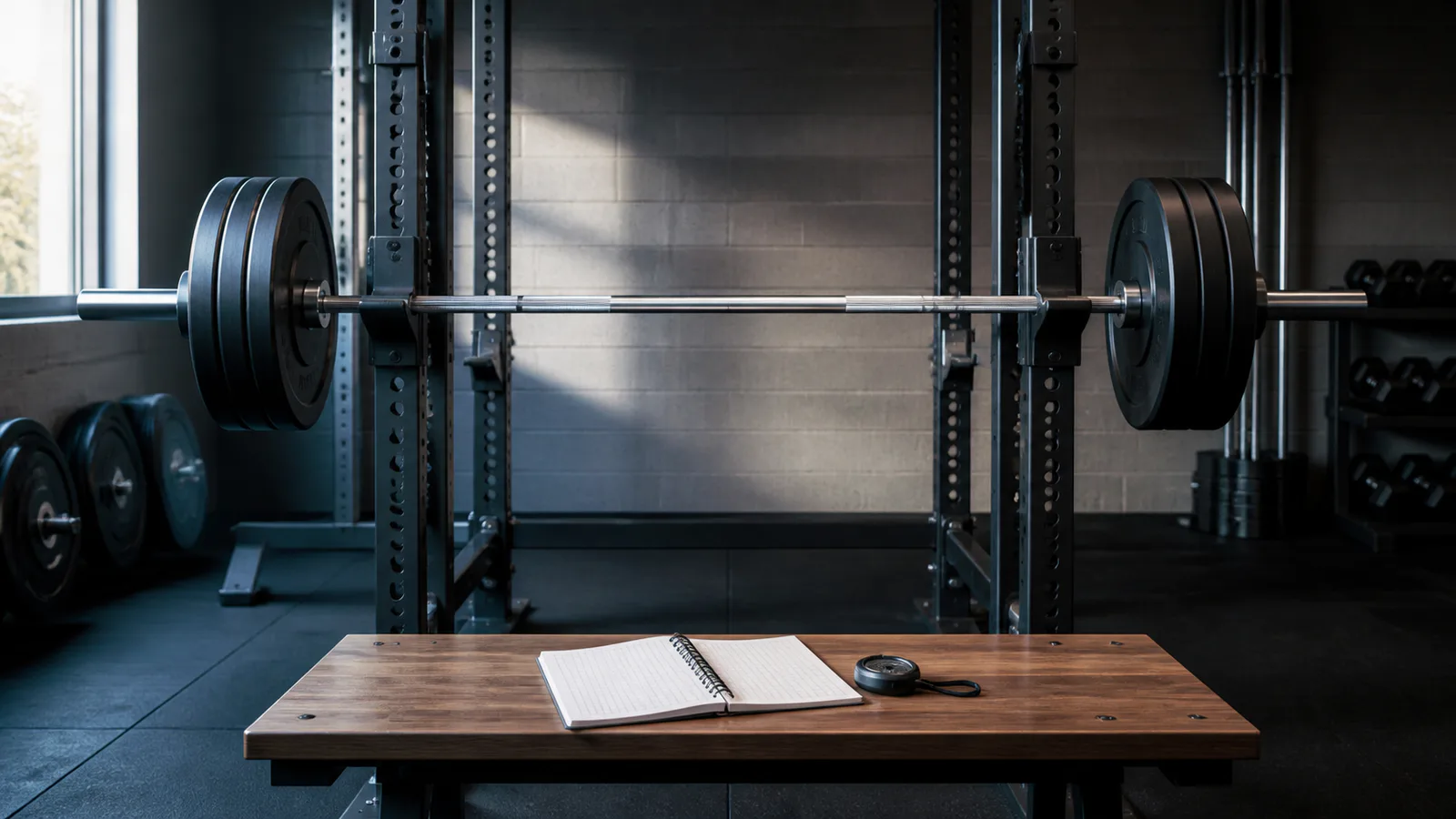 Barbell in an empty rack with a blank training notebook and stopwatch