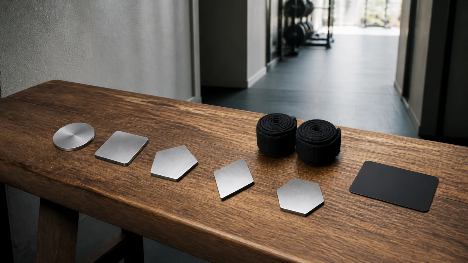 Illustrative generic gym still life with geometric metal tokens, wrist wraps, and a blank card.