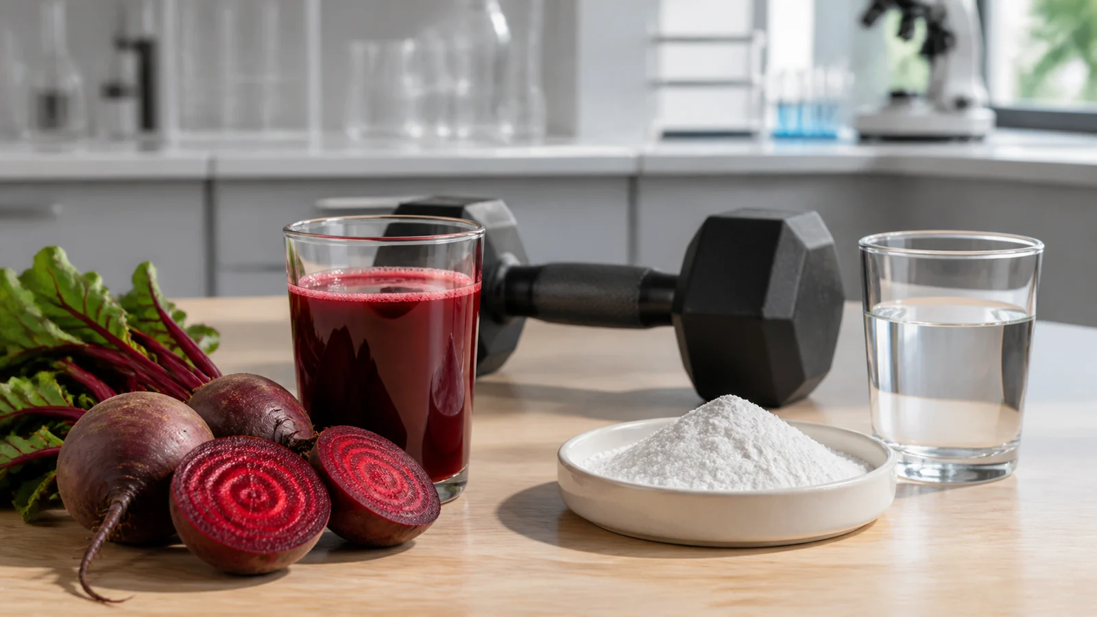 Laboratory still life comparing beetroot and beet juice with plain white powder and water.