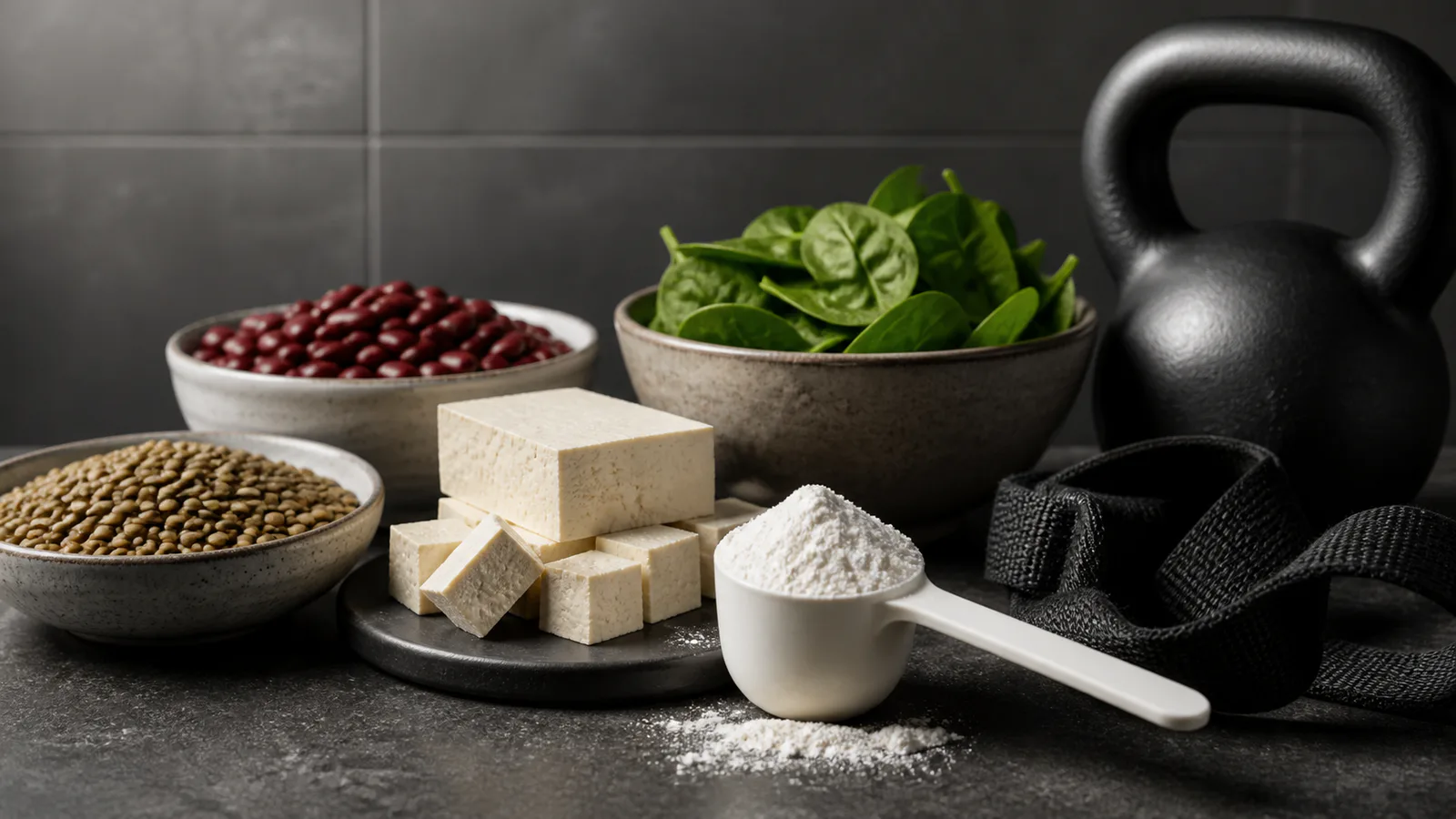 Plain scoop of white powder beside tofu, beans, lentils, spinach, straps, and a kettlebell