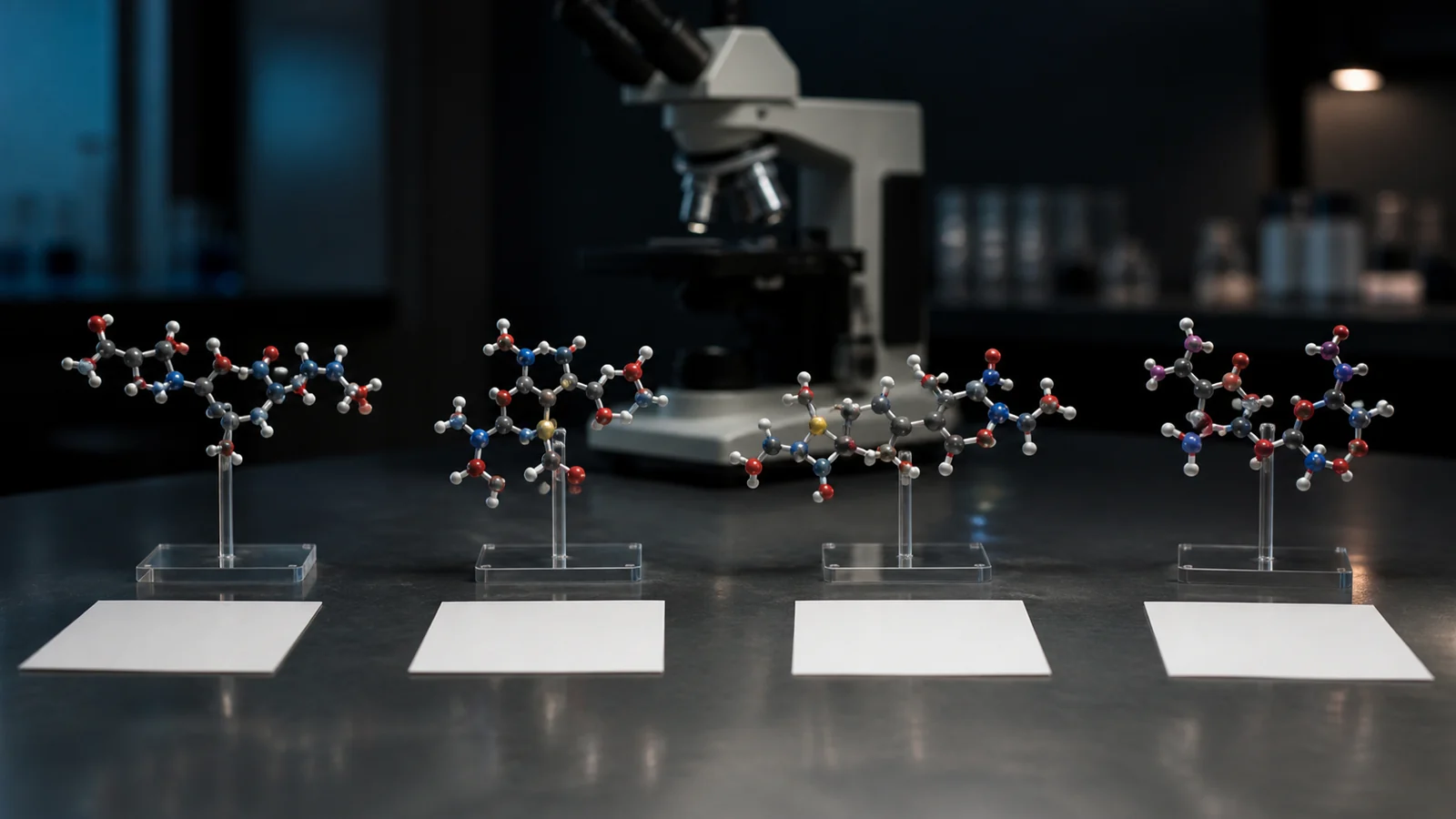Four generic molecular models on clear stands with blank evidence cards and a microscope.