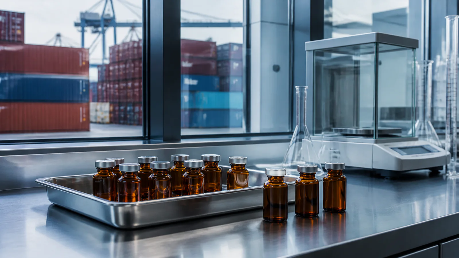 Blank amber laboratory vials on an inspection tray with cargo containers in the background