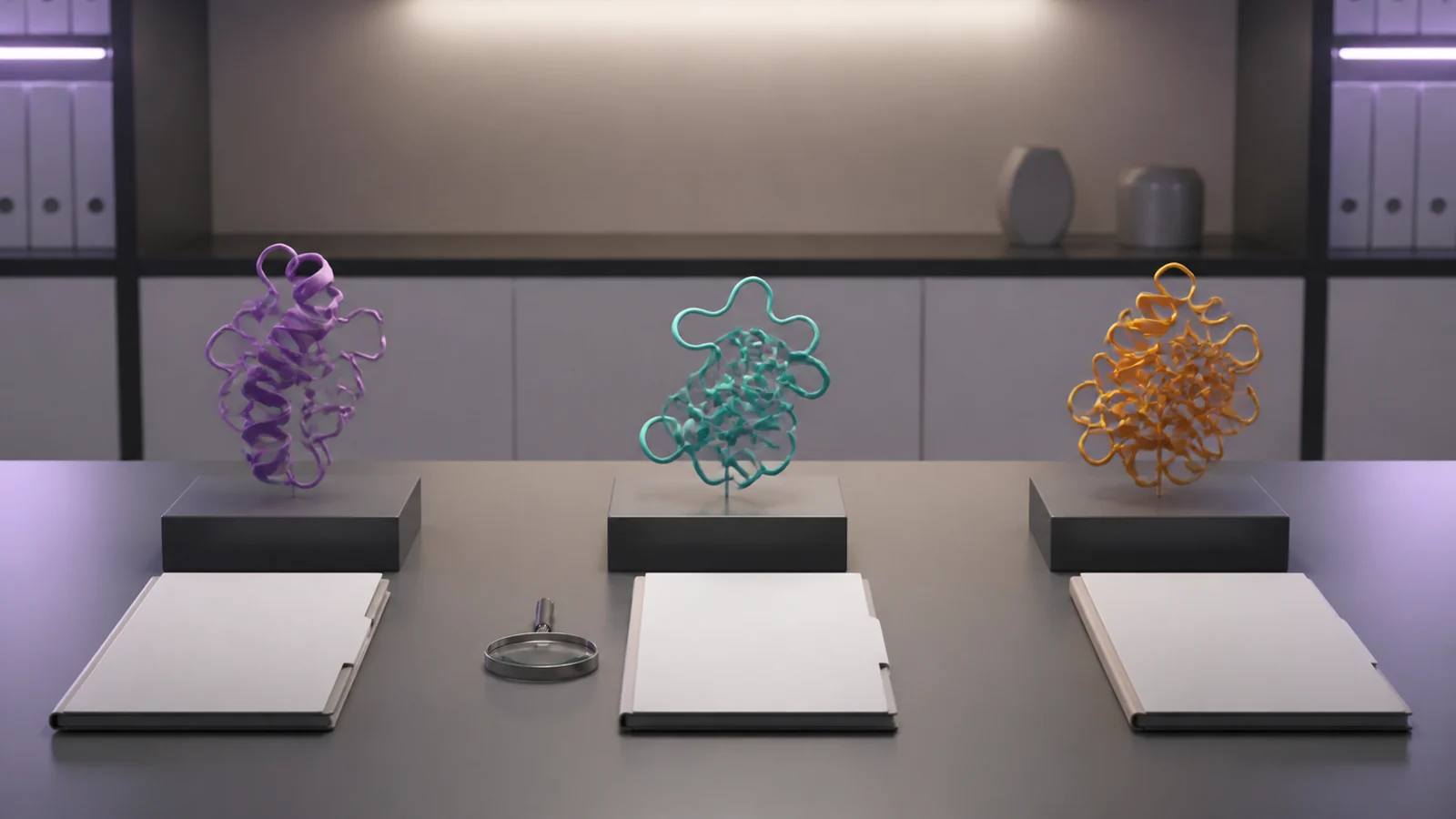 Three abstract molecular ribbon sculptures facing separate blank dossiers on a review table.