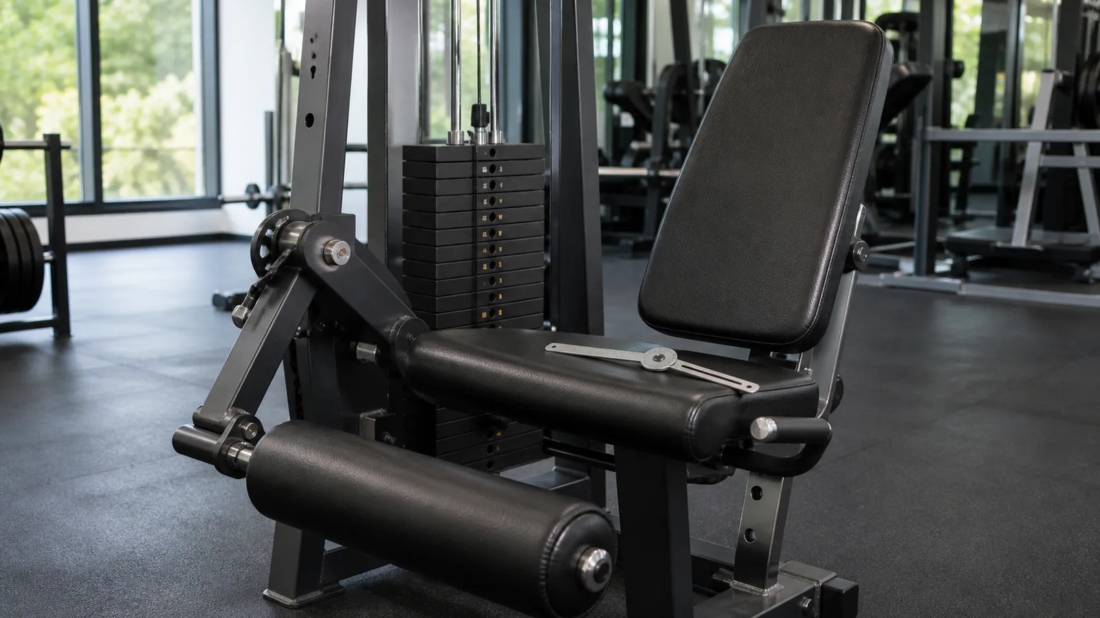 Empty leg-extension machine with an angle-measuring tool on the seat