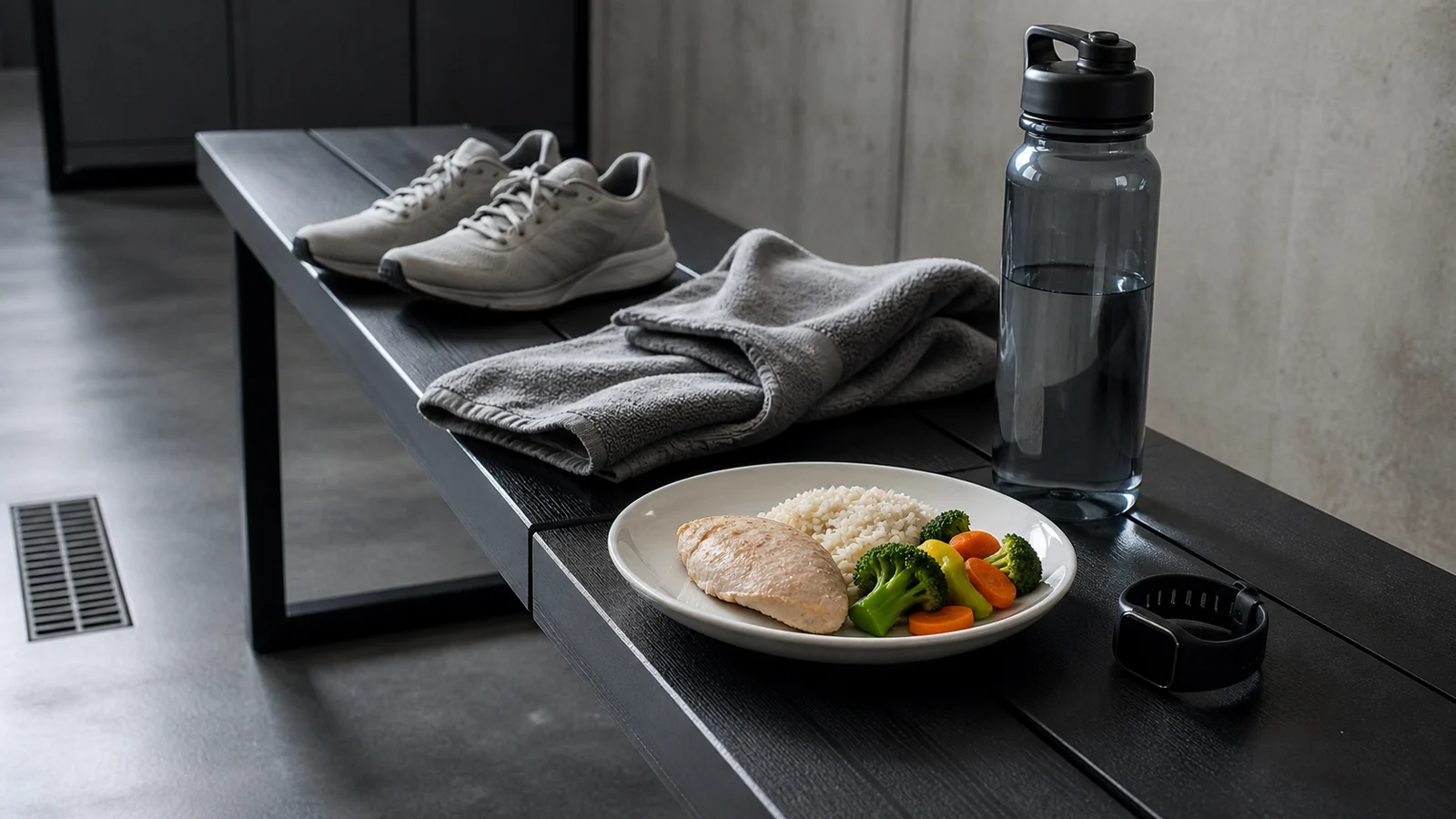 Locker-room still life with training shoes, a towel, water, a modest meal, and a blank wearable device.