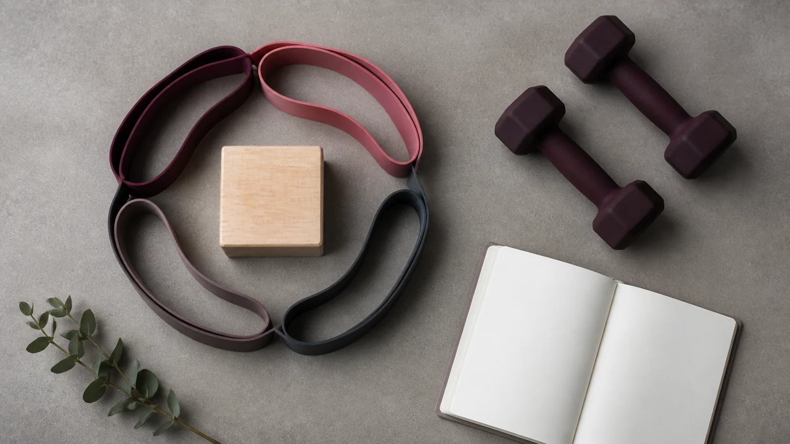 Muted resistance bands arranged in a circle with matching dumbbells, a wooden block, and a blank notebook.