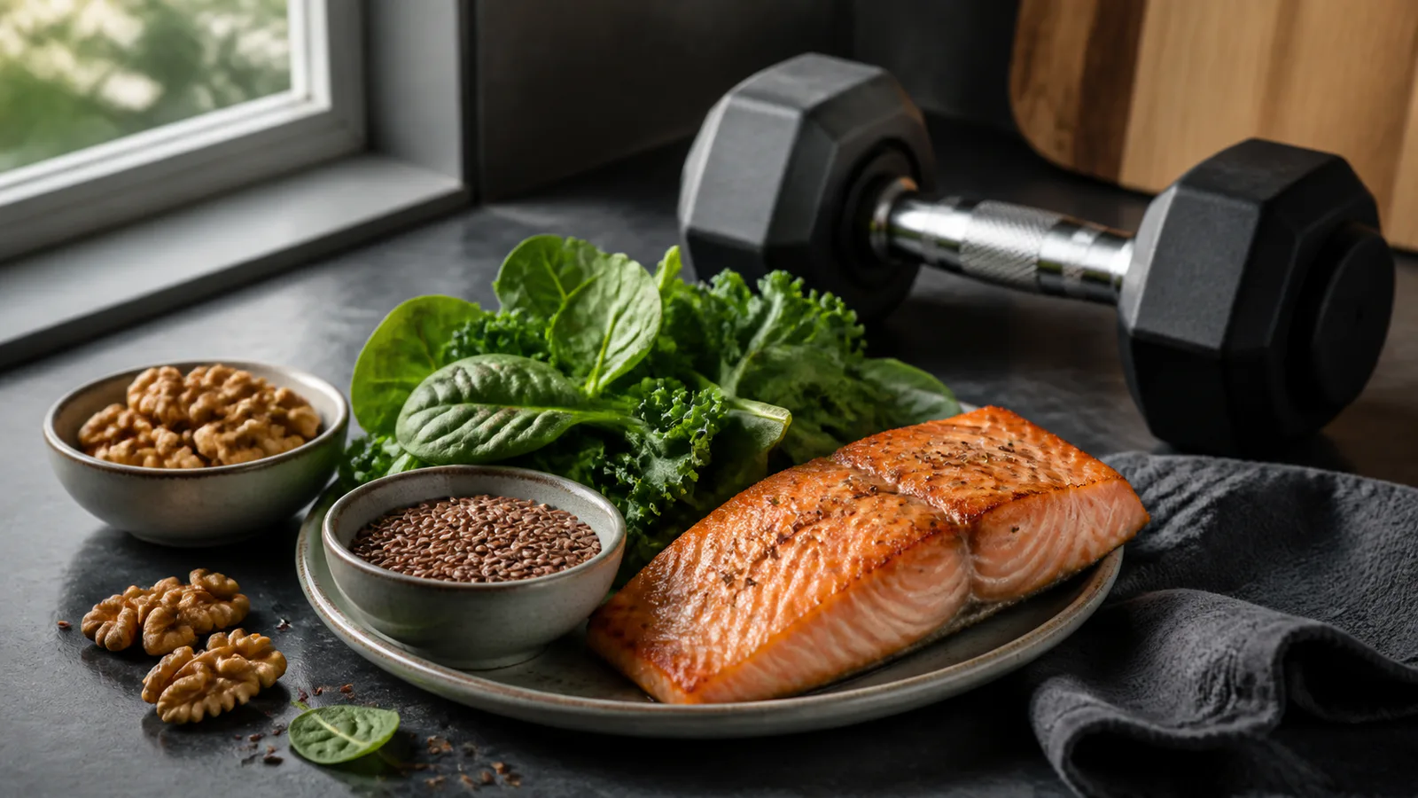 Salmon, walnuts, flax seeds, leafy greens, and a dumbbell on a kitchen counter