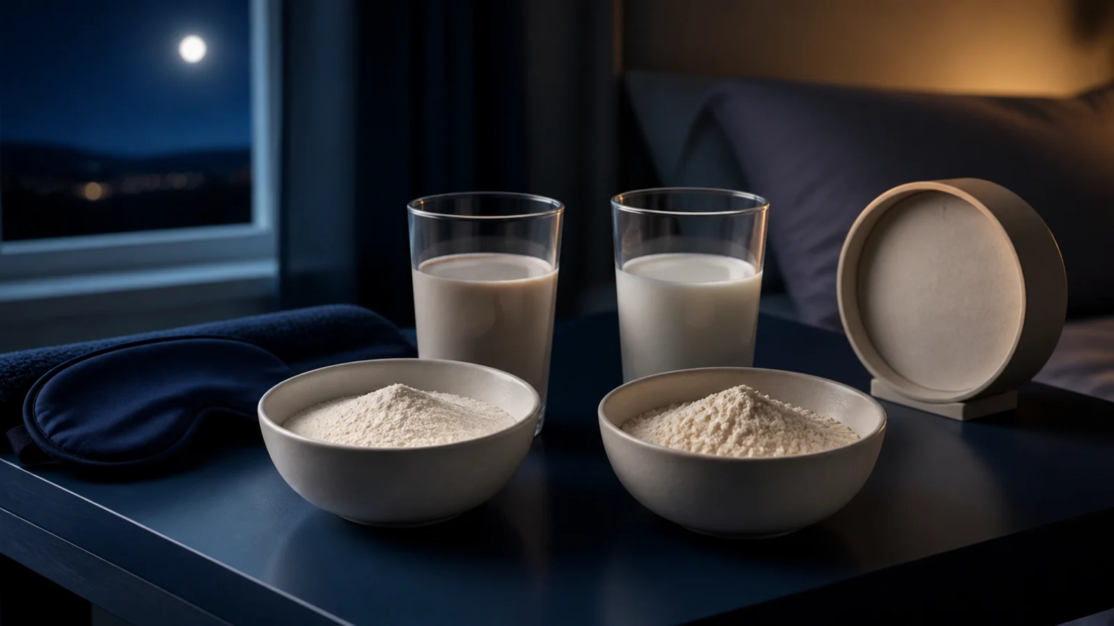Two plain protein-powder bowls and mixing glasses beside a sleep mask and blank clock in moonlight.