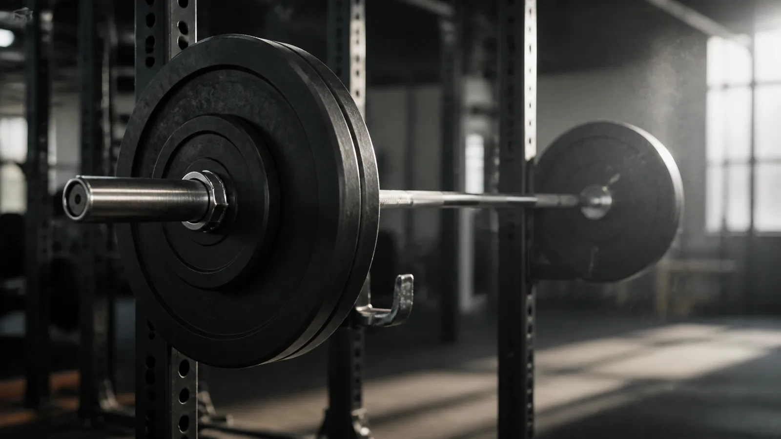 Close view of an unbranded barbell loaded with several plain weight plates