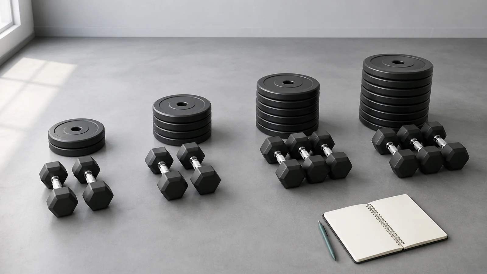 Progressively larger groups of featureless weight plates and dumbbells beside a blank training notebook.