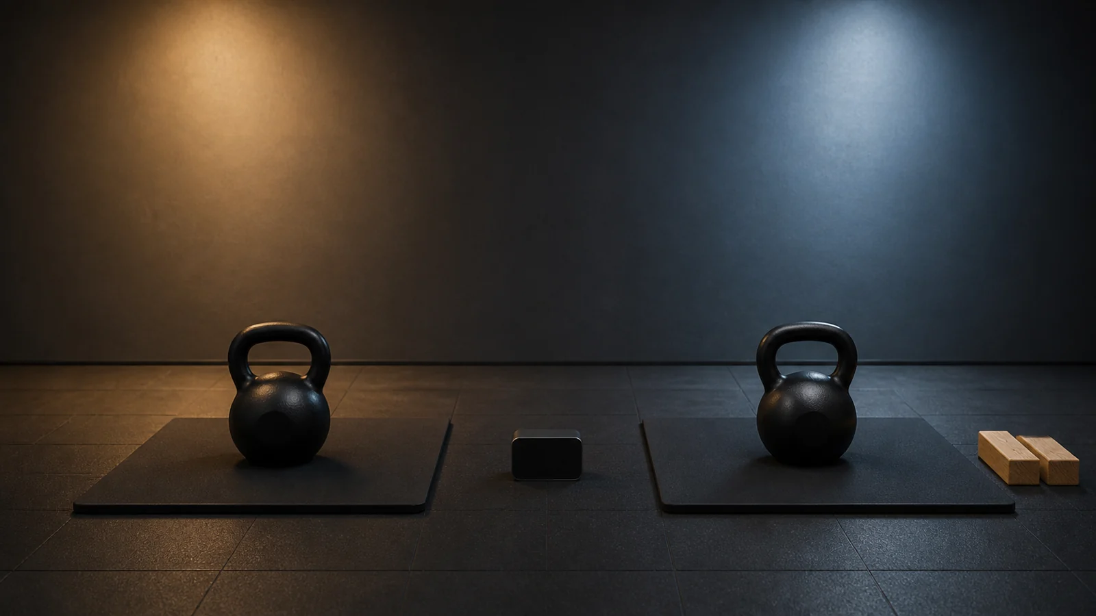 Two matching kettlebell stations separated by a blank timer, with recovery blocks beside one mat.