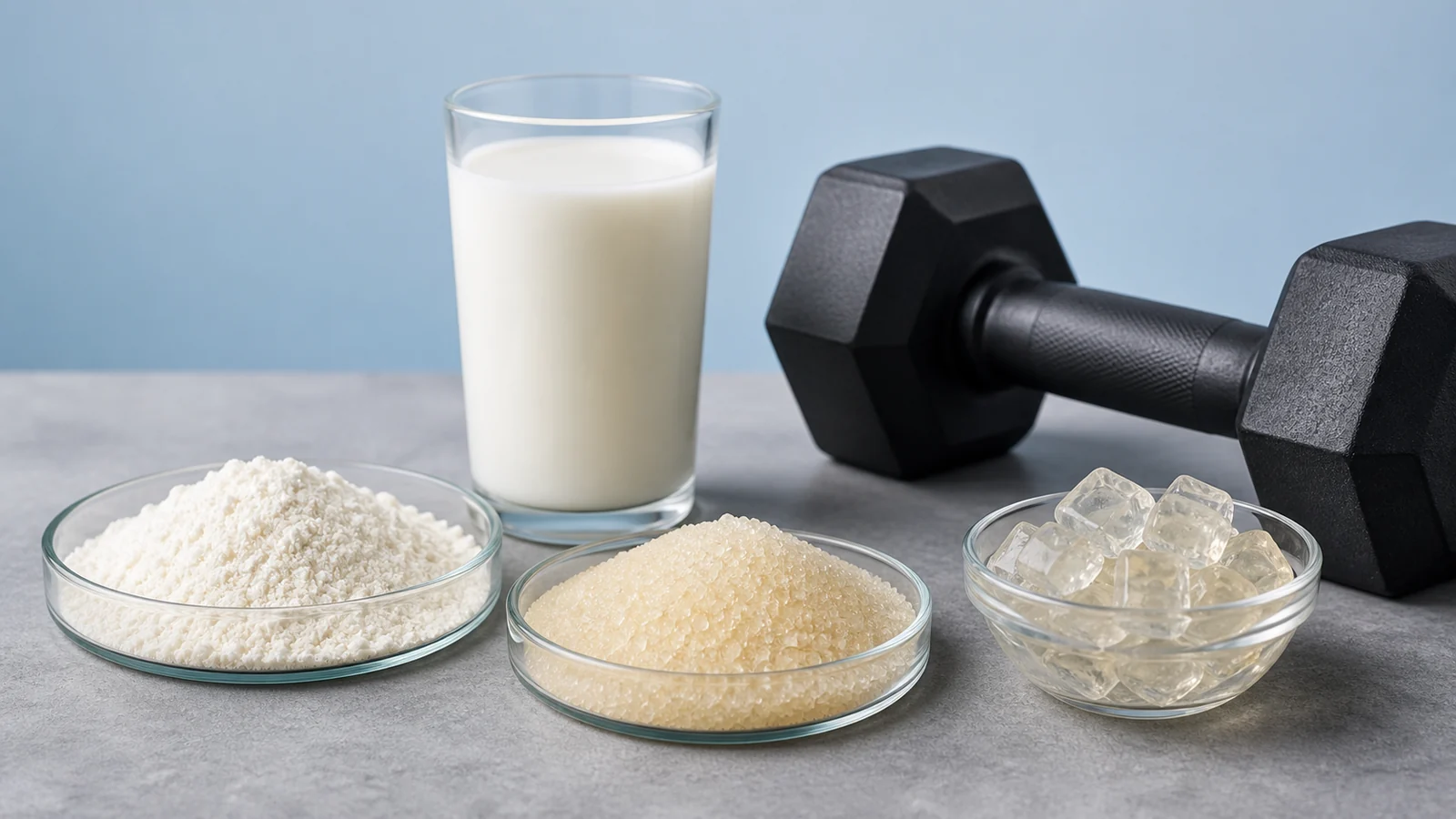 Plain whey powder, collagen granules, milk, and gelatin beside an unbranded dumbbell.