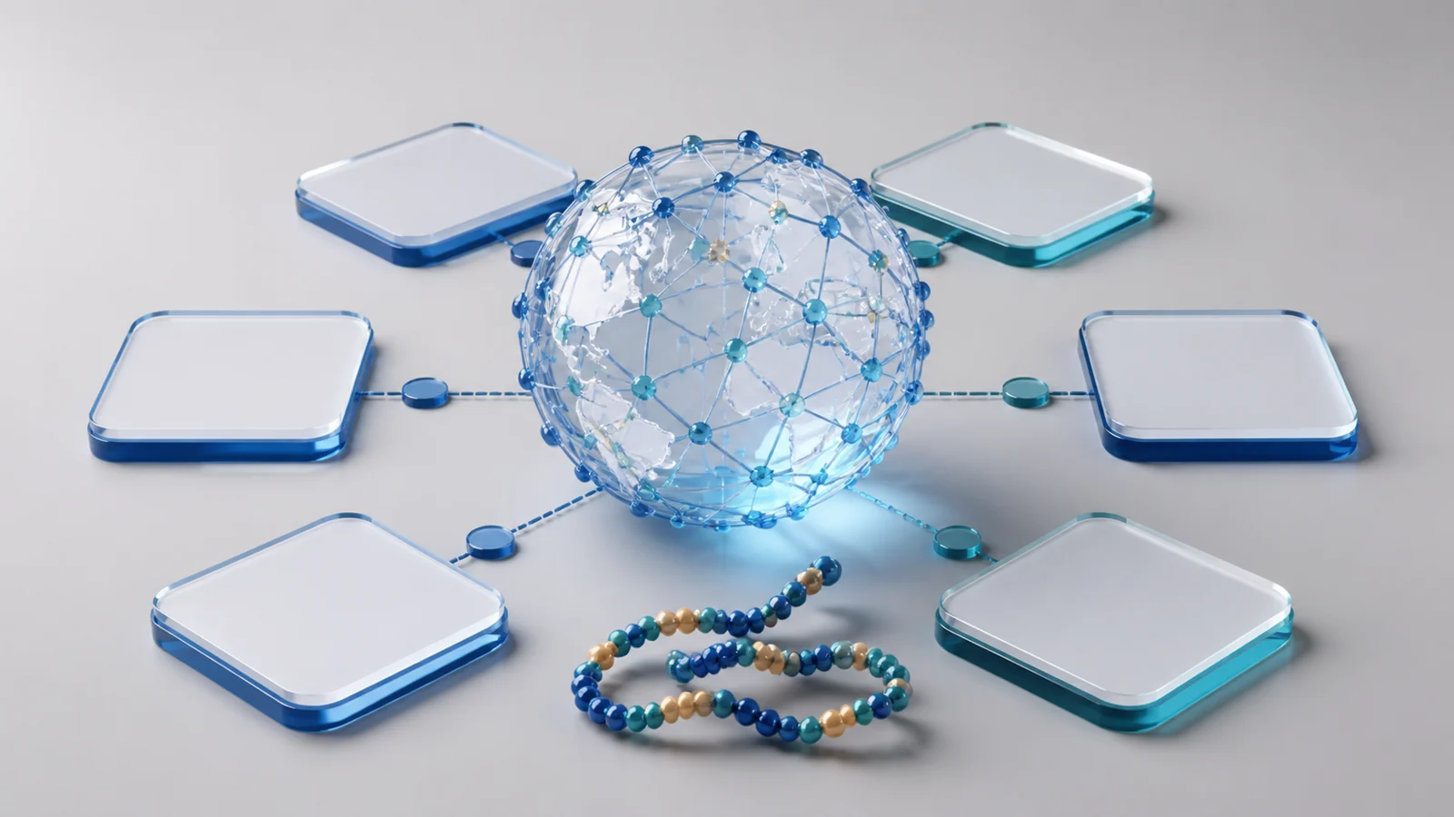 Translucent networked globe surrounded by blank planning tiles and a generic peptide ribbon.