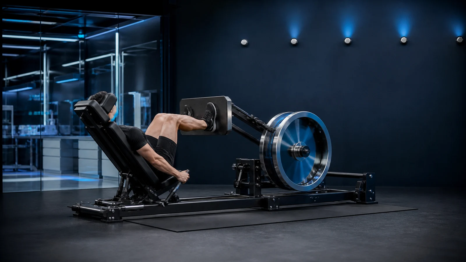Anonymous athlete performing a leg press on a large flywheel resistance-training device in a performance lab.