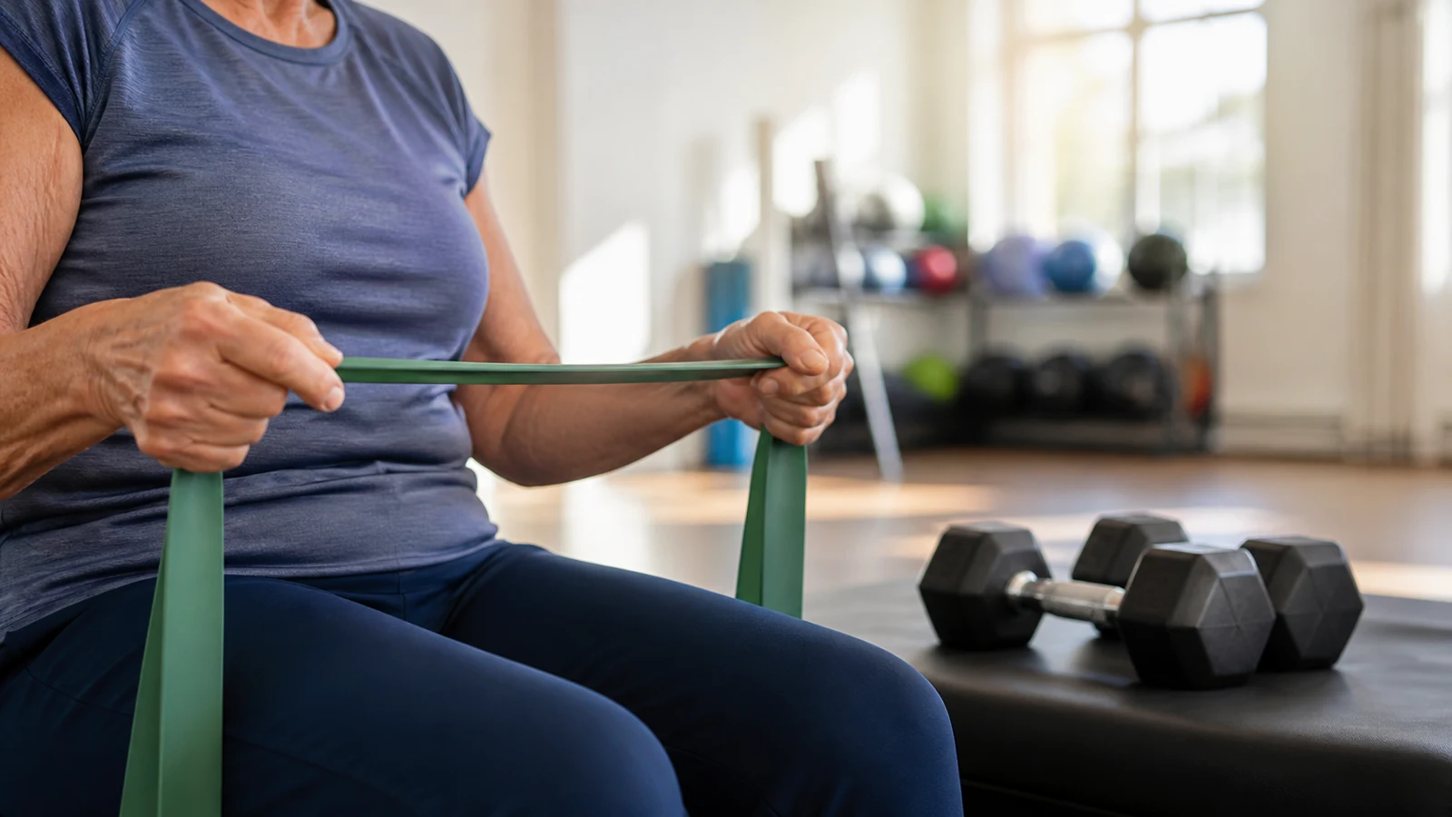 Older adult hands holding a resistance band beside a pair of dumbbells in a training studio.