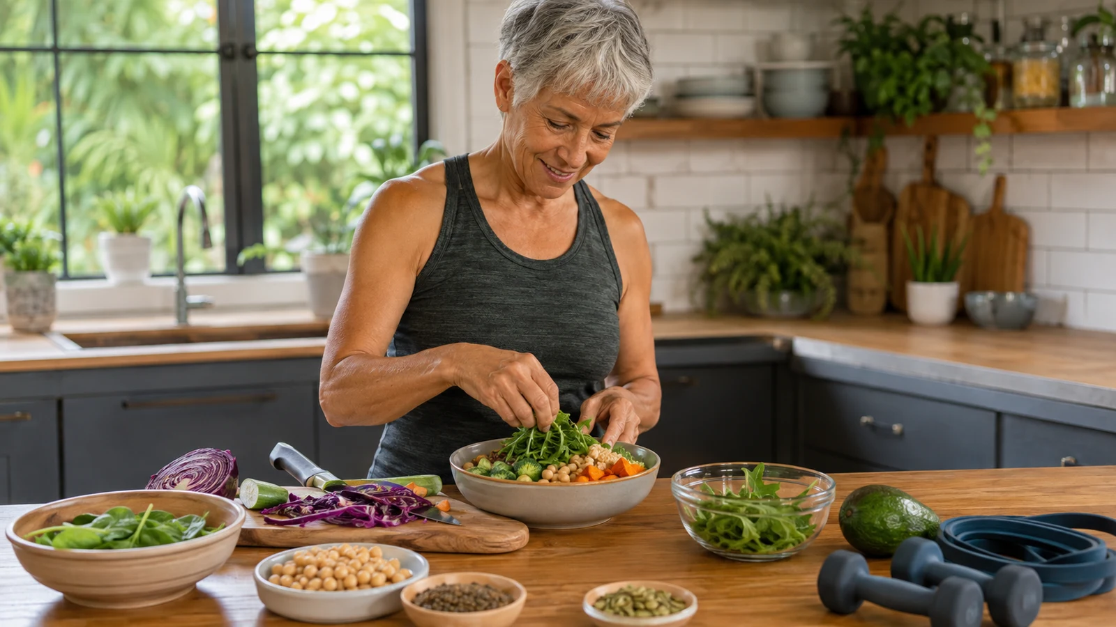 Healthy anonymous older adult preparing a bean and vegetable meal with resistance bands and dumbbells nearby.